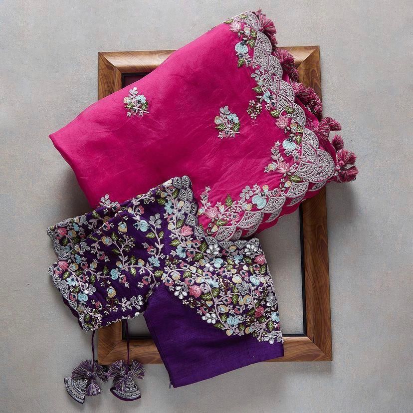 Buy Magenta Silk Organza Saree For Women Online