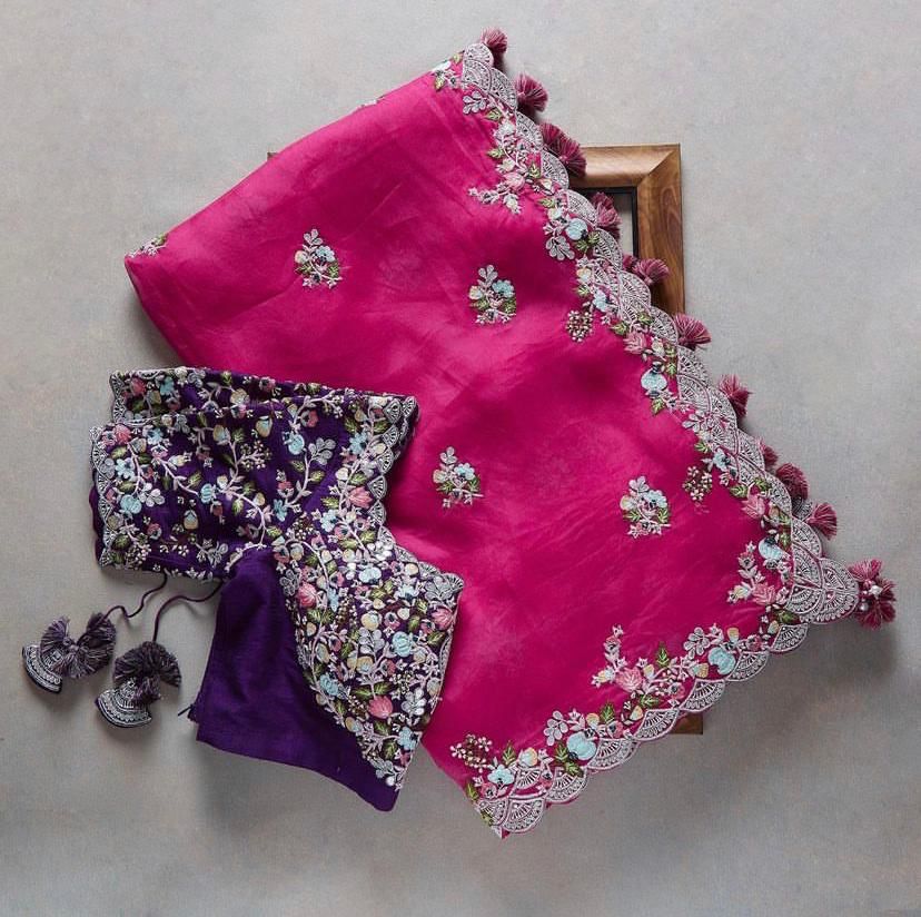 Buy Magenta Silk Organza Saree For Women Online