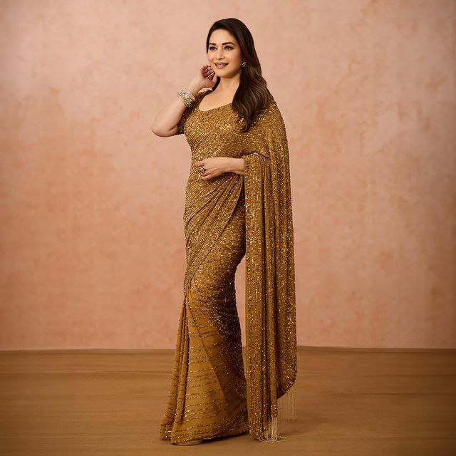 Madhuri Dixit Golden Color Georgette Sequins saree