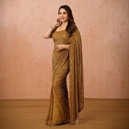 Madhuri Dixit Golden Color Georgette Sequins saree
