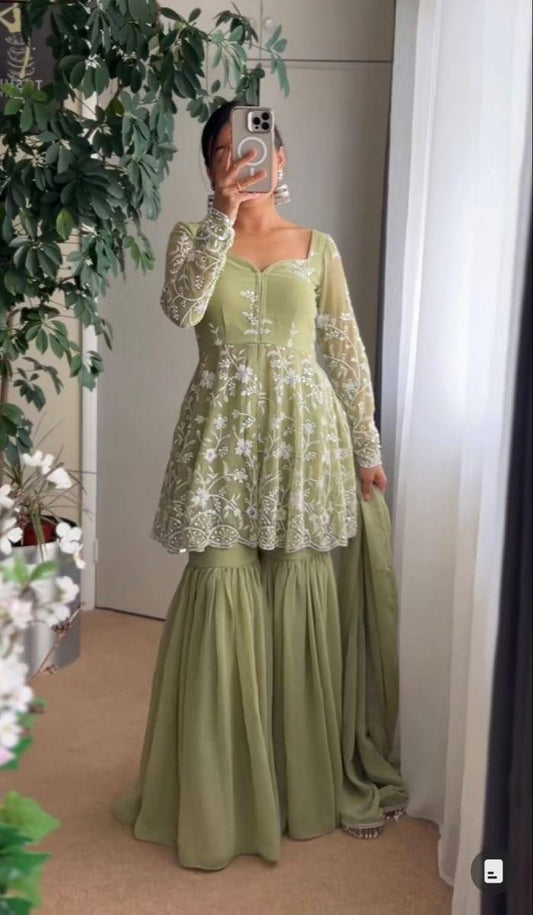 NEW DESIGNER WEAR HEAVY CHINE WORK TOP WITH SHARARA AND DUPATTA