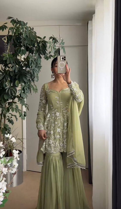 NEW DESIGNER WEAR HEAVY CHINE WORK TOP WITH SHARARA AND DUPATTA