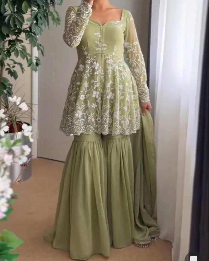 NEW DESIGNER WEAR HEAVY CHINE WORK TOP WITH SHARARA AND DUPATTA
