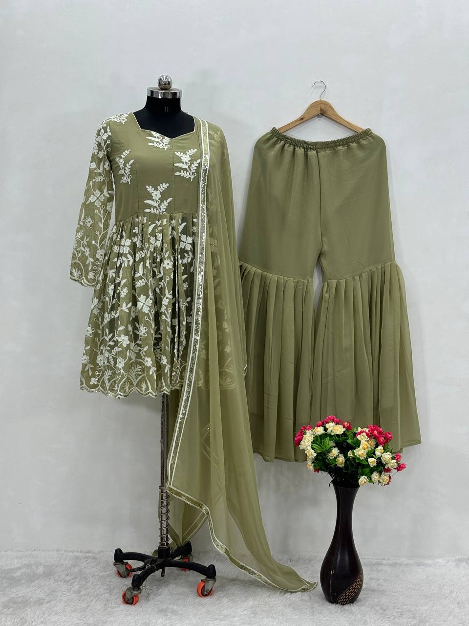 NEW DESIGNER WEAR HEAVY CHINE WORK TOP WITH SHARARA AND DUPATTA
