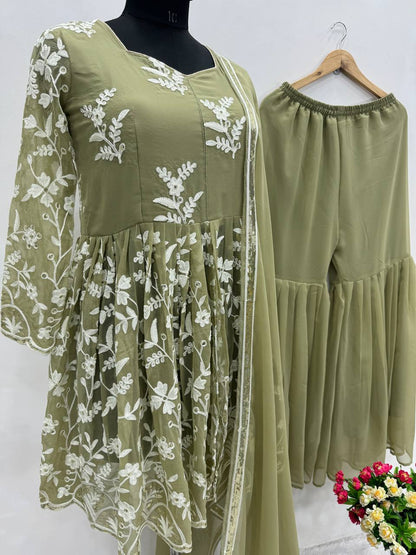 NEW DESIGNER WEAR HEAVY CHINE WORK TOP WITH SHARARA AND DUPATTA