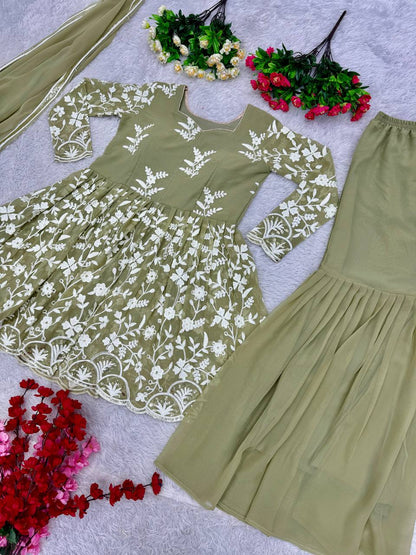 NEW DESIGNER WEAR HEAVY CHINE WORK TOP WITH SHARARA AND DUPATTA