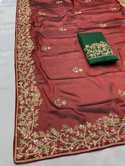 Maroon Embroidered Rangoli Silk Saree Set