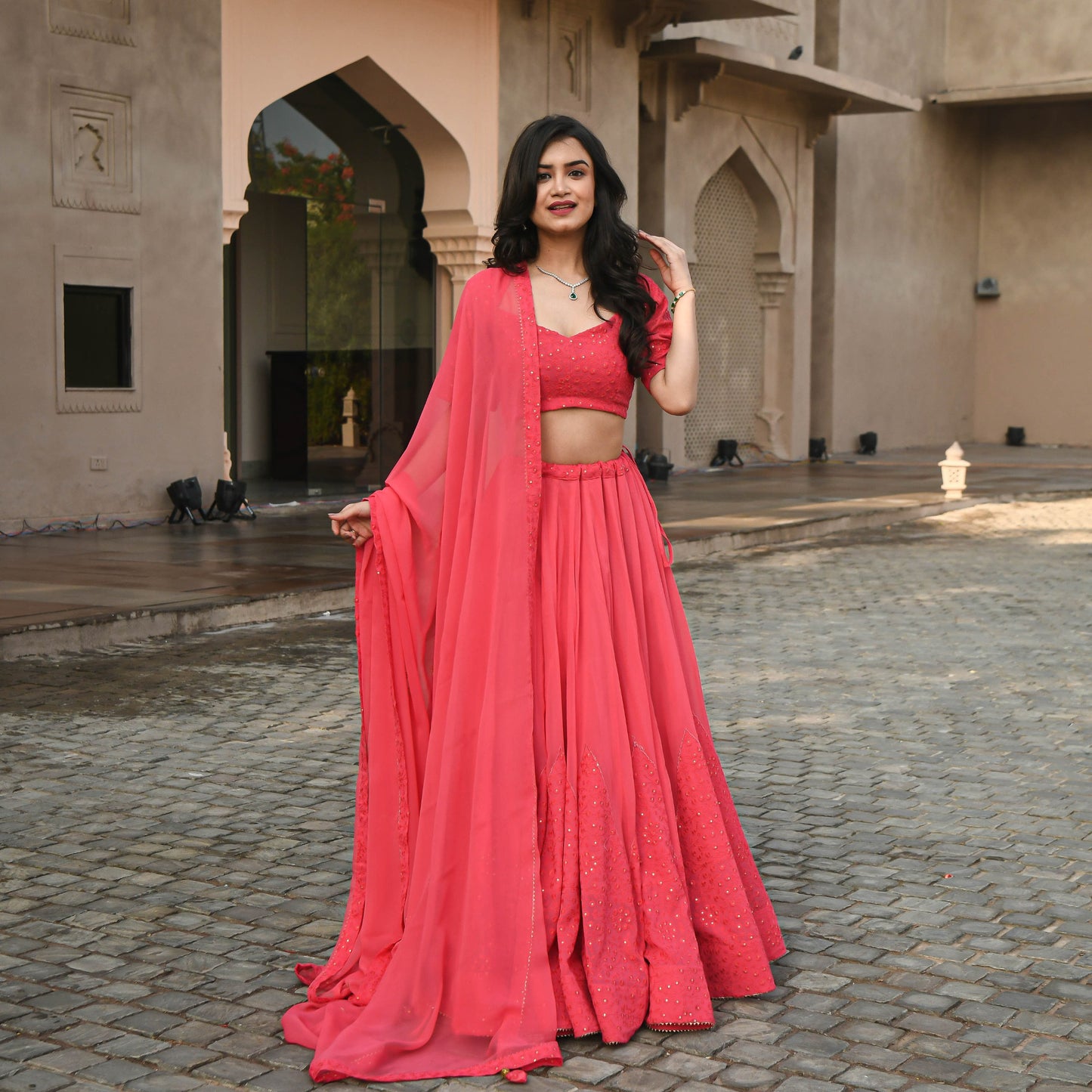 Peach Color Embroidered Attractive Party Wear Georgette Lehenga choli