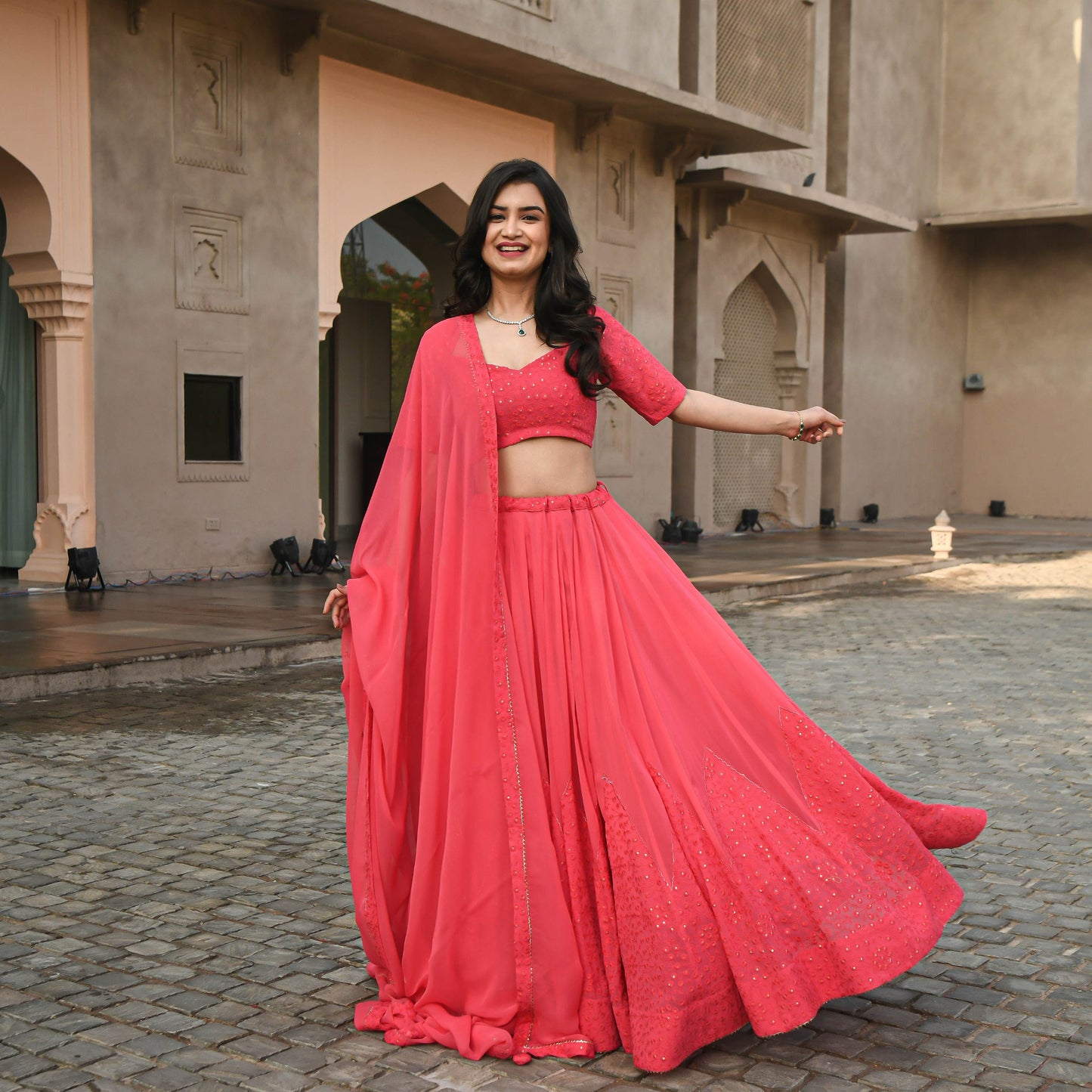Peach Color Embroidered Attractive Party Wear Georgette Lehenga choli