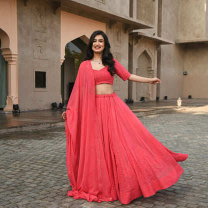 Peach Color Embroidered Attractive Party Wear Georgette Lehenga choli