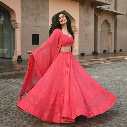 Peach Color Embroidered Attractive Party Wear Georgette Lehenga choli