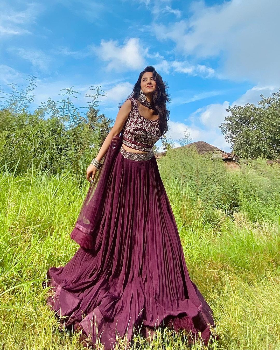 Heavy flared Wine Lehenga Choli