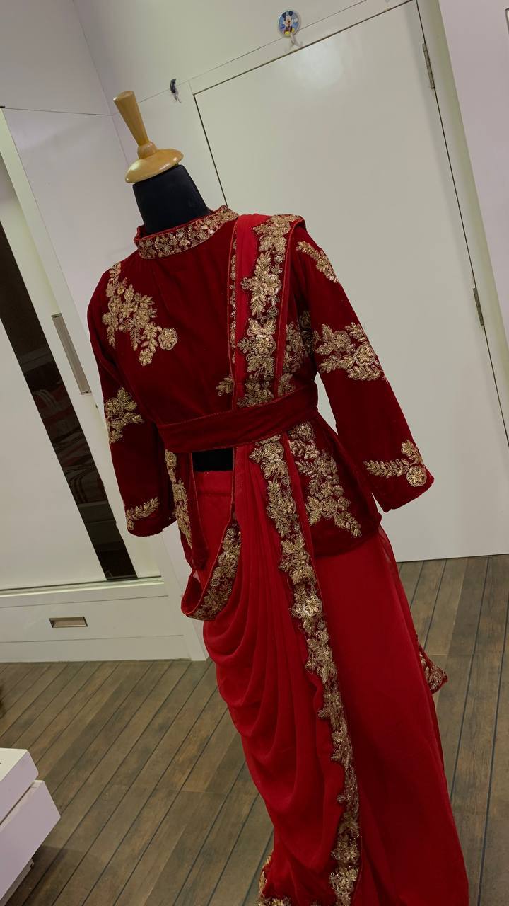 Georgette draping saree with sequence dori, and zari work