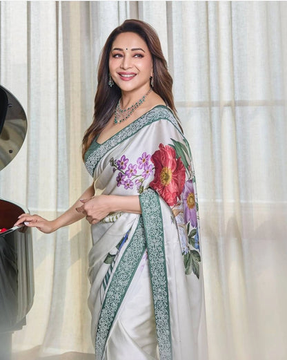 Madhuri Dixit Party Wear Satin Silk Digital Sarees