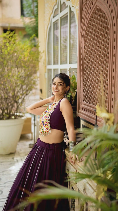 Festive Fashion Rayon Wine Lehenga With Gamthi Work Blouse For Navratri