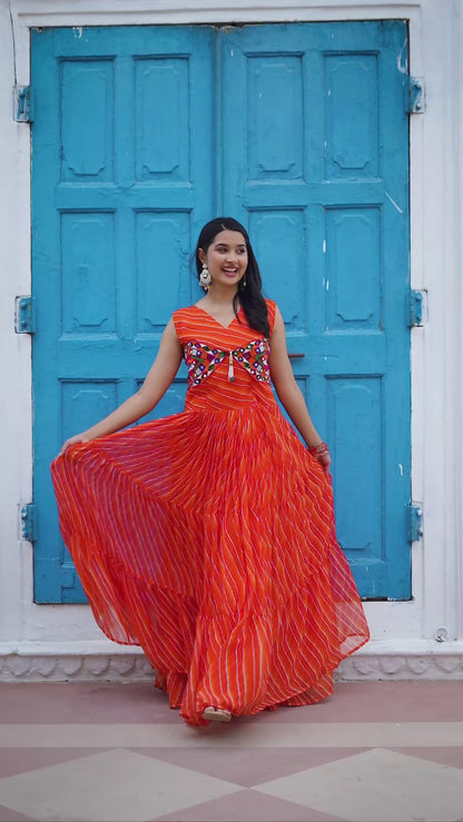 Navratri Special Gamathi  Mirror Work Cotton Blue Flared bandhni Print Orange Gown
