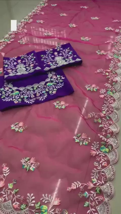 Buy Magenta Silk Organza Saree For Women Online