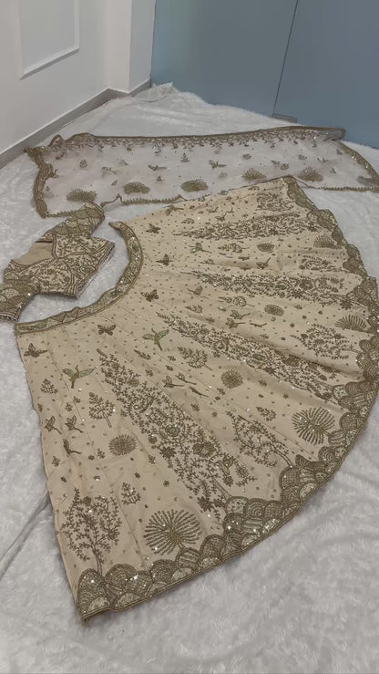 Aditi Ivory Slub Silk Flared Lehenga with All-Over Embroidery