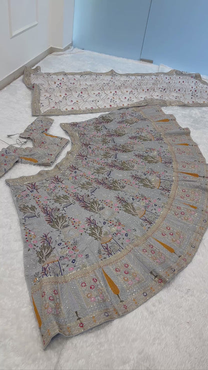 Stylish Silk Embroidered Party Wear Grey Lehenga Set with Heavy Thread Flair