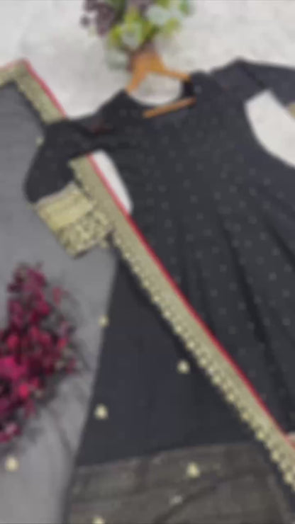 Black Faux Blooming Designer Gown with Zari and Sequin Embroidery and Printed Dupatta Set
