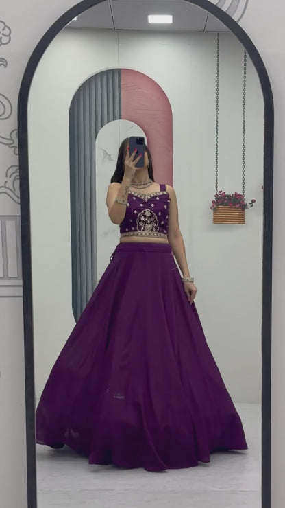 Designer Royal Purple Indo Western Lehenga Choli with Embroidered Koti for Women