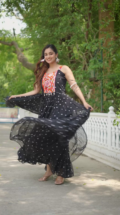 Navratri Special Gamathi  Mirror Work Cotton Blue Flared bandhni Print Black Gown