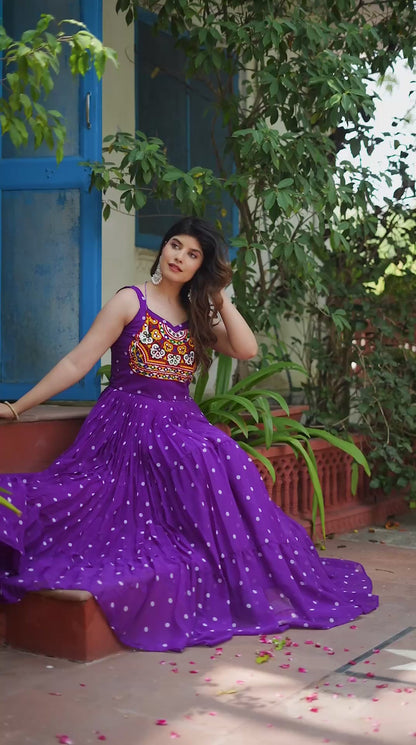 Navratri Special Gamathi  Mirror Work Cotton Blue Flared bandhni Print Purple Gown
