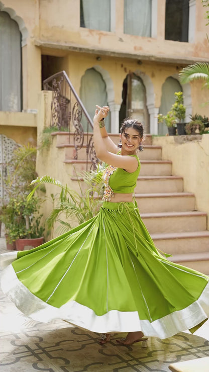 Festive Fashion Rayon Parrot Green Lehenga With Gamthi Work Blouse For Navratri