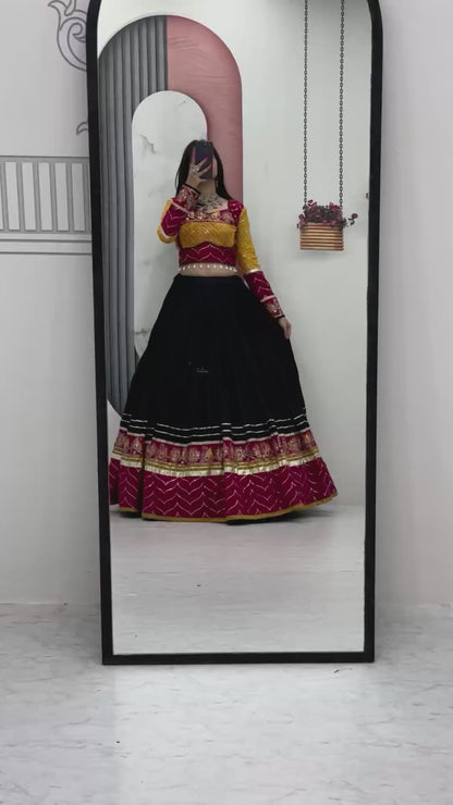 Traditional Garba Wear Black Lehenga Choli with Yellow Bandhani Dupatta for Women