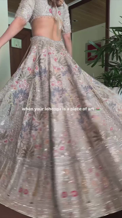 Stylish Silk Embroidered Party Wear Grey Lehenga Set with Heavy Thread Flair