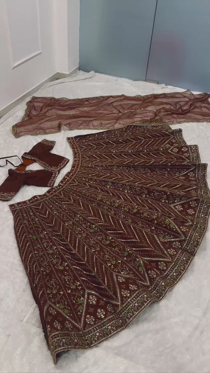 Mocha Brown Thai Silk Lehenga with Intricate Thread Sequin and Dori Embroidery