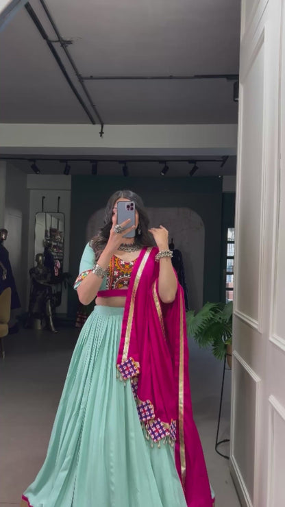 Sea Green Navaratri Chaniya Choli in Rayon With Gamathi and Embossed Lace