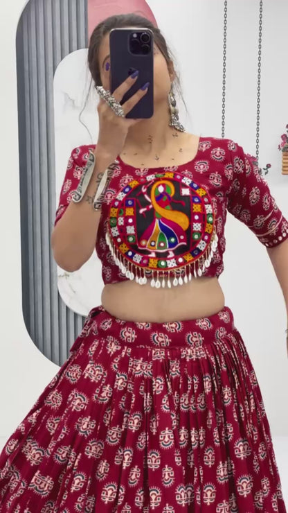 Navratri Special Pure Cotton Maroon Flared Lehenga Choli With Heavy Gamathi Work