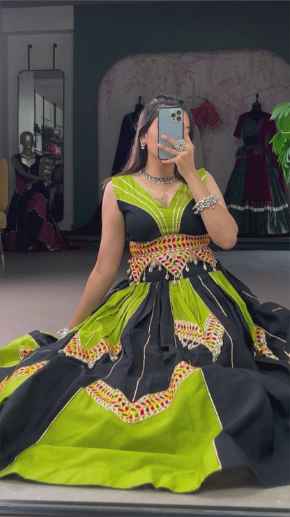 Green & Black Cotton Navratri Lehenga Choli