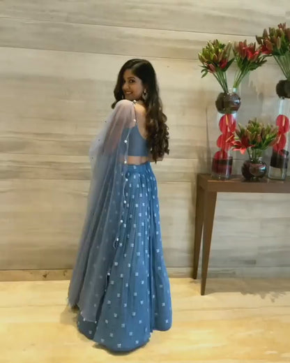 Blue Faux Georgette Lehenga Choli with Embroidered Dupatta