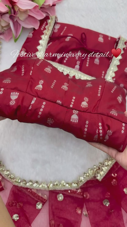 Red Jacquard Butti Anarkali Pant Dupatta Set for Women Festive Wedding Party Wear Ethnic Dress
