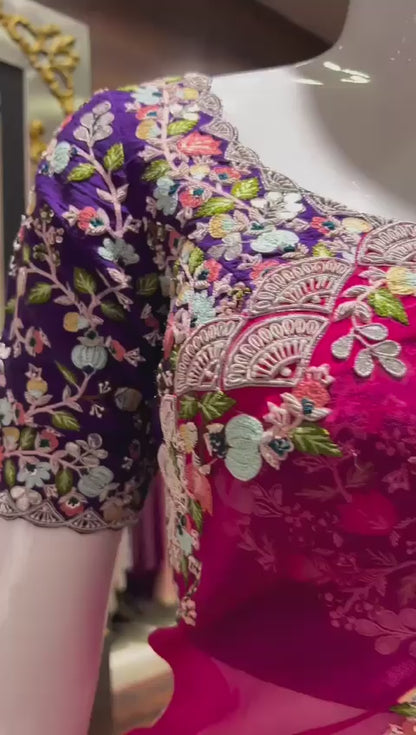 Buy Magenta Silk Organza Saree For Women Online