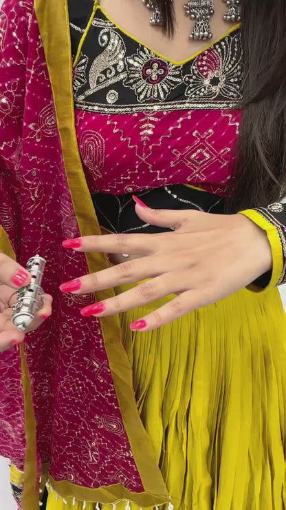 Women's Ethnic Navratri Yellow Lehenga Choli with Embroidered Blouse & Bandhani Dupatta