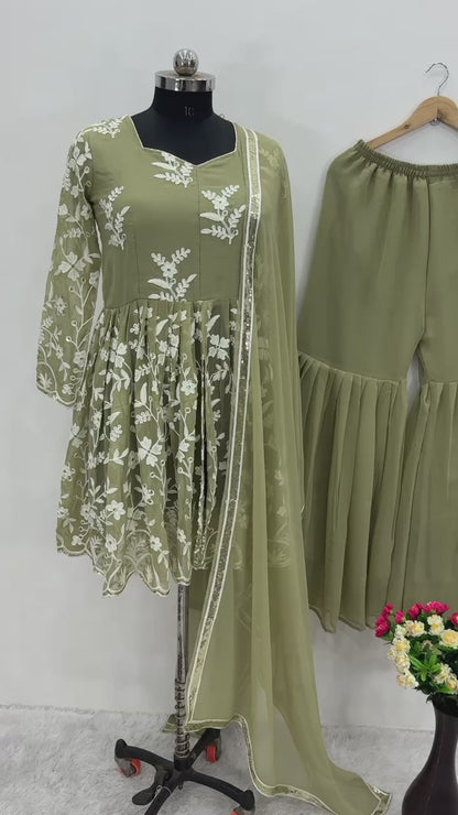 NEW DESIGNER WEAR HEAVY CHINE WORK TOP WITH SHARARA AND DUPATTA
