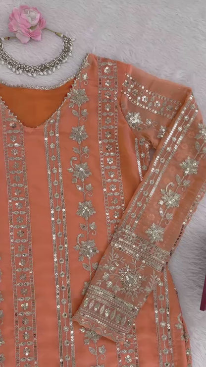 Embroidered Traditional Faux Georgette Orange Party Wear Festive Sharara Set