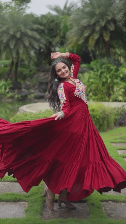 Kutchi Gamathi Work Cotton Maroon Flared Navratri Special Gown