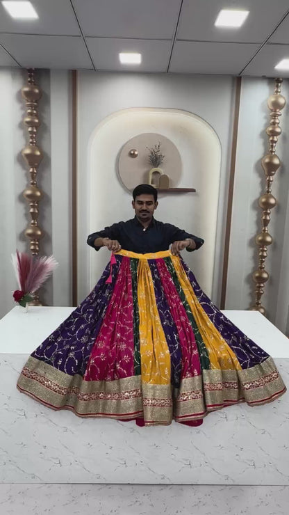 Women's Navratri Special Multicolor Lehenga Choli with 6 Meter Flair & Embroidered Dupatta
