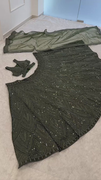 Olive Green Chinon Silk Designer Lehenga Choli with Dori Sequins and Thread Work