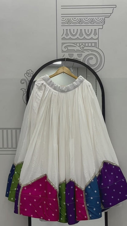 White Pure Cotton Kediyu Lehenga Choli with Colourful Border for Navratri