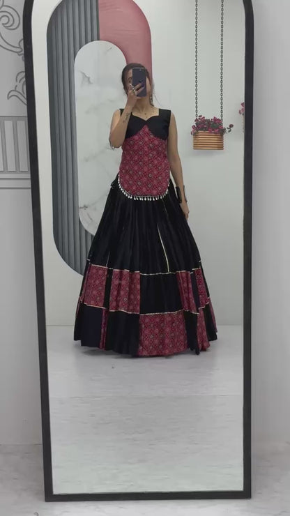 Navratri Special Ajarakh Print  Pure Cotton Black Lehenga Choli