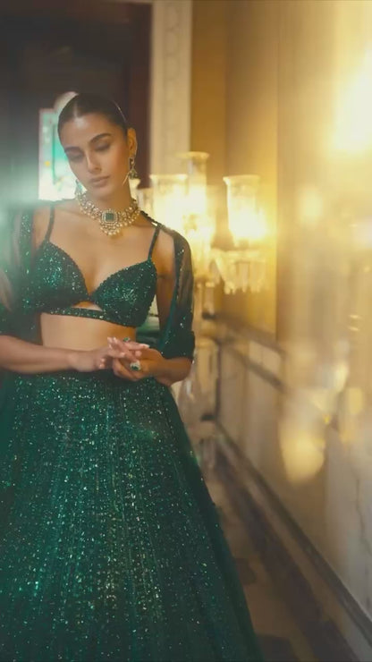 Designer Green Party Wear Net Lehenga with Rainbow Sequins and Can-Can