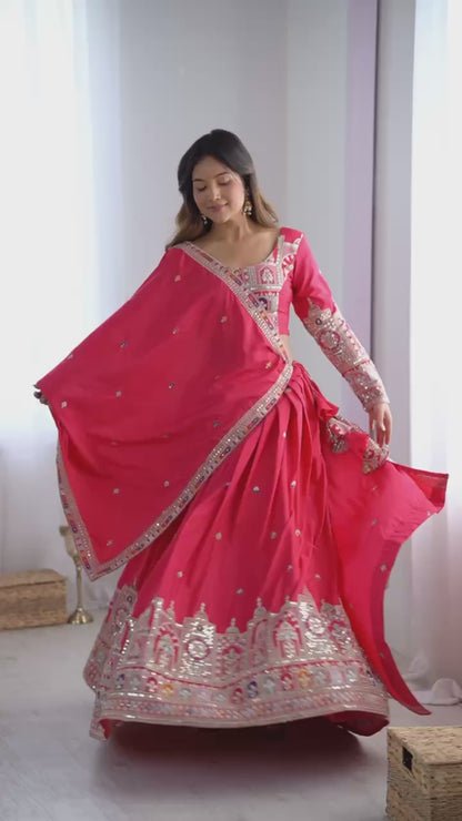 Premium Red Natural Crepe Silk Semi Stitched Lehenga Choli Set with Embroidered Dupatta for Navratri