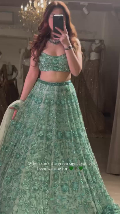 Green Georgette Rainbow Sequin Lehenga Choli with Net Dupatta for Women Wedding Festive Party Wear
