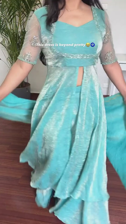 Turquoise Blue Front Slit Anarkali Plazzo Dupatta Set for Women Festive Wedding Party Wear Ethnic Dress