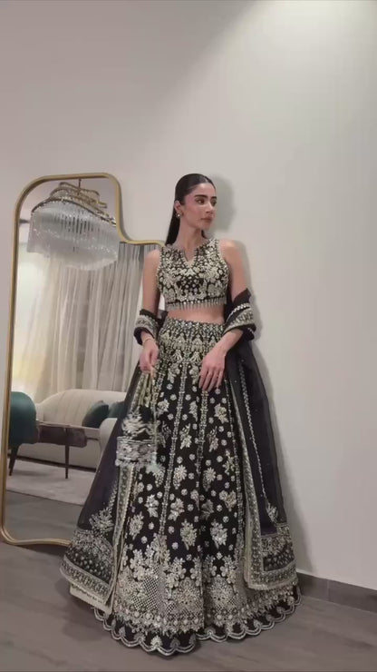 Black and Silver Chinon Silk Lehenga Choli for Wedding and Festive Wear